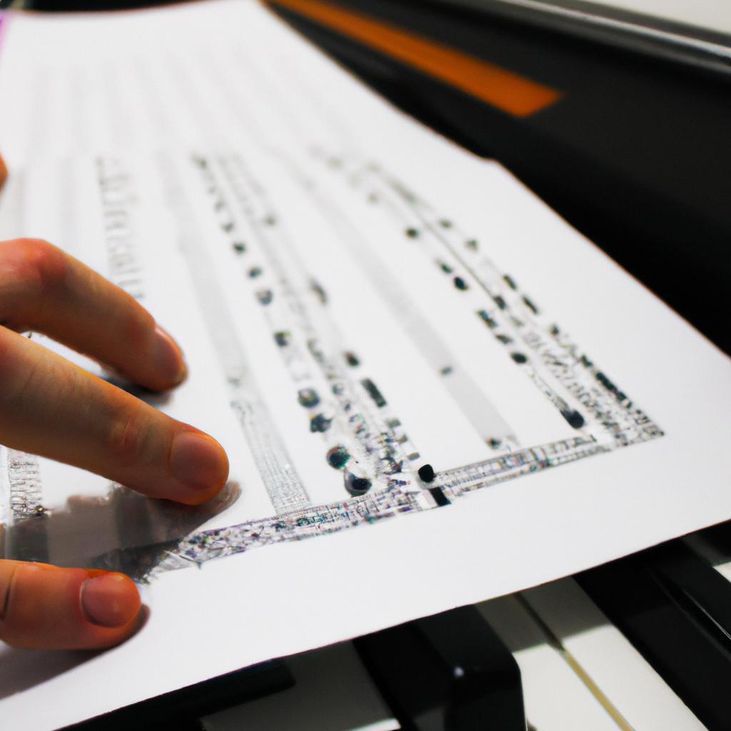 Person playing piano with sheet music